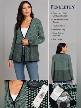 Pendleton Green Black Cotton Knit Cardigan Sweater Size L NWT
